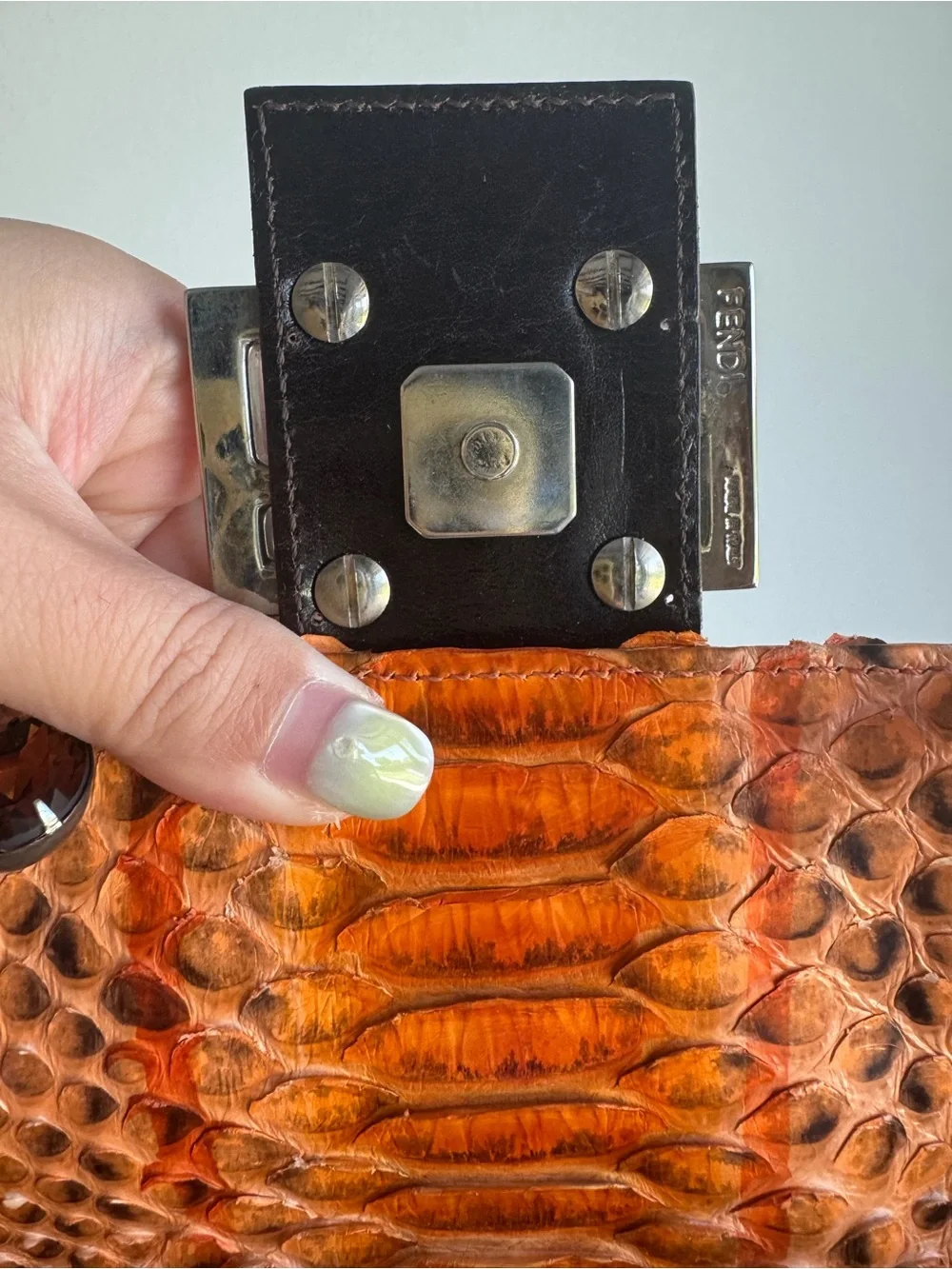 Fendi Orange and Black Python Shoulder Baguette Bag